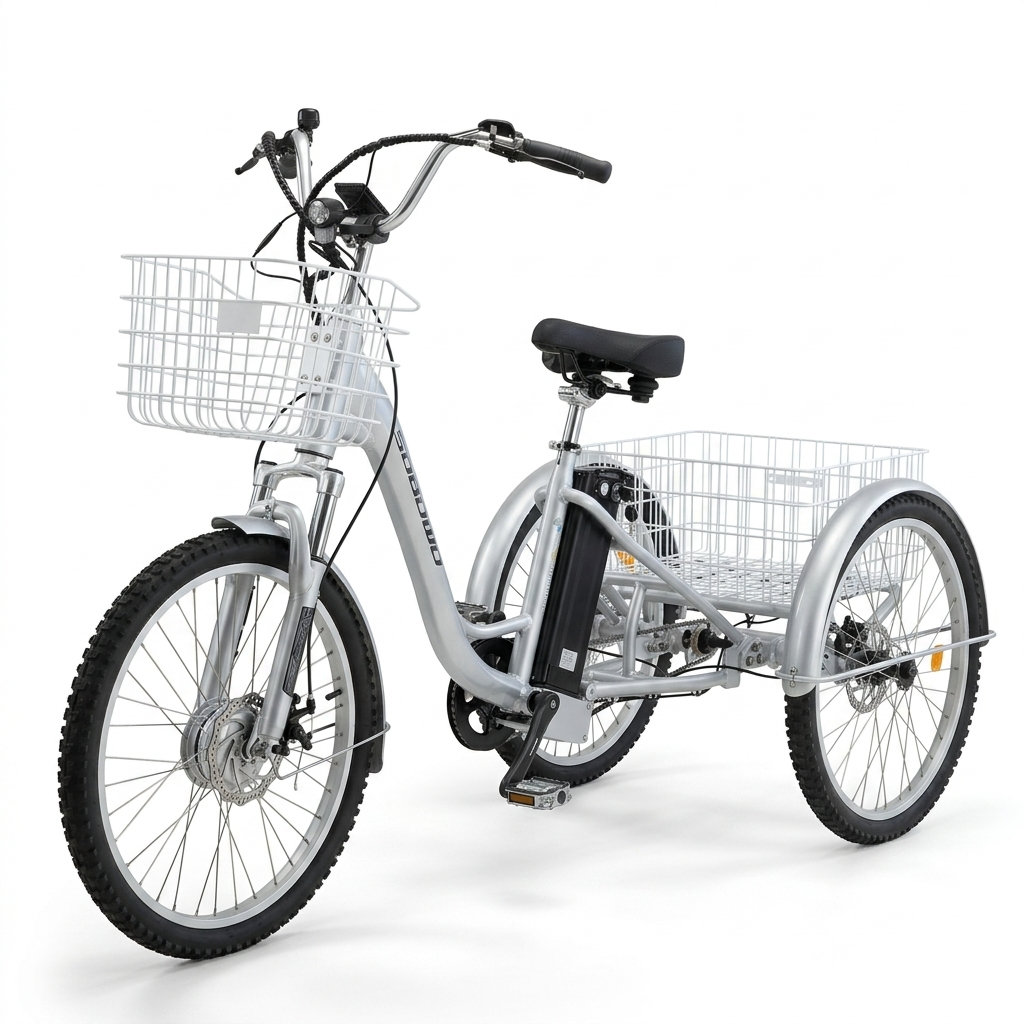 A silver adult electric tricycle with a large front basket and a smaller rear basket, designed for senior mobility and convenience. The tricycle features a comfortable seat and sturdy frame.