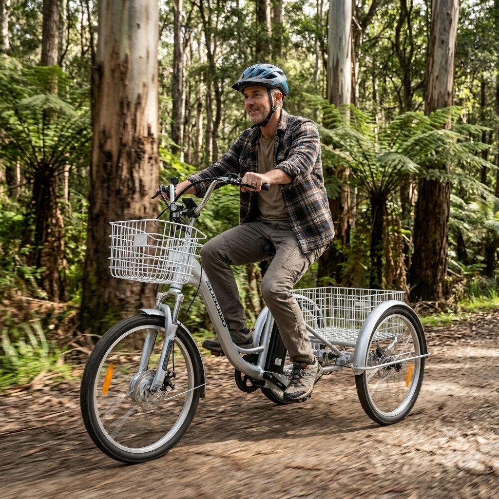 A man riding a silver adult tricycle with a basket on a dirt path in a forest. The tricycle has three wheels and is suitable for seniors and disability mobility.