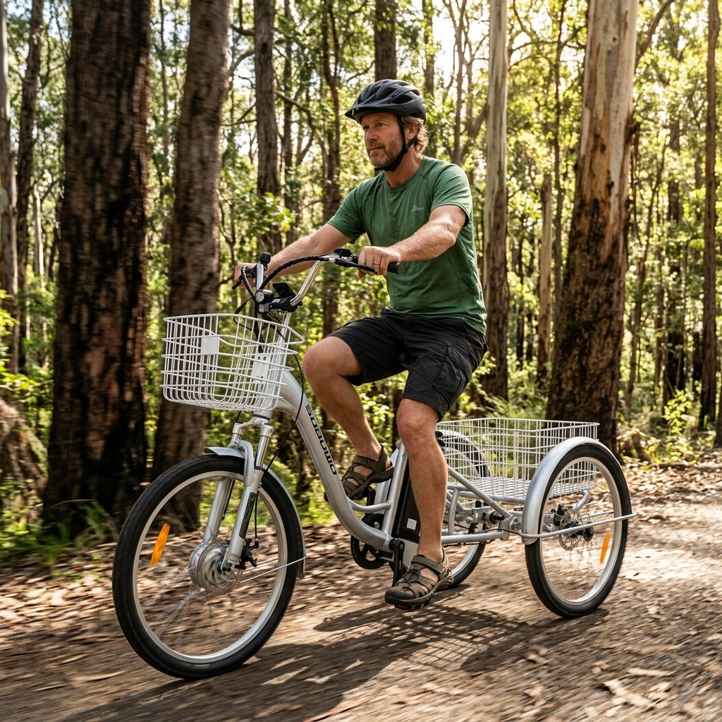 Man riding a white adult tricycle on a forest trail. The tricycle features a large white basket.