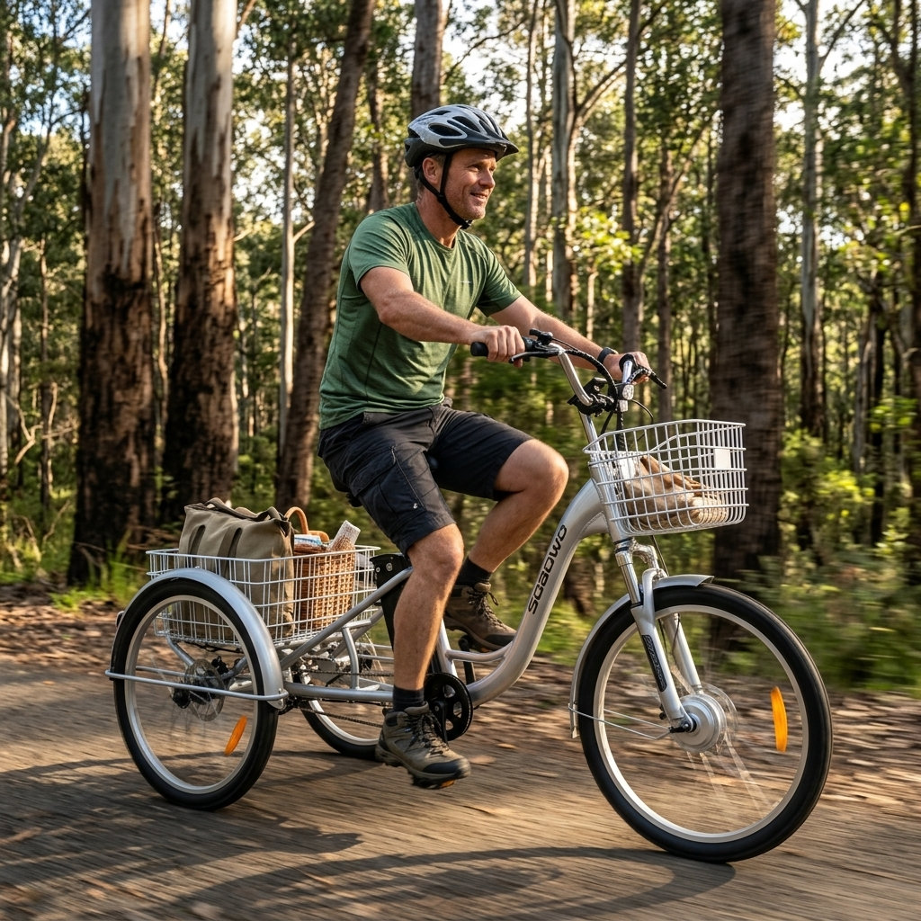 Man riding a silver adult tricycle through a forest. The tricycle features a large rear basket.
