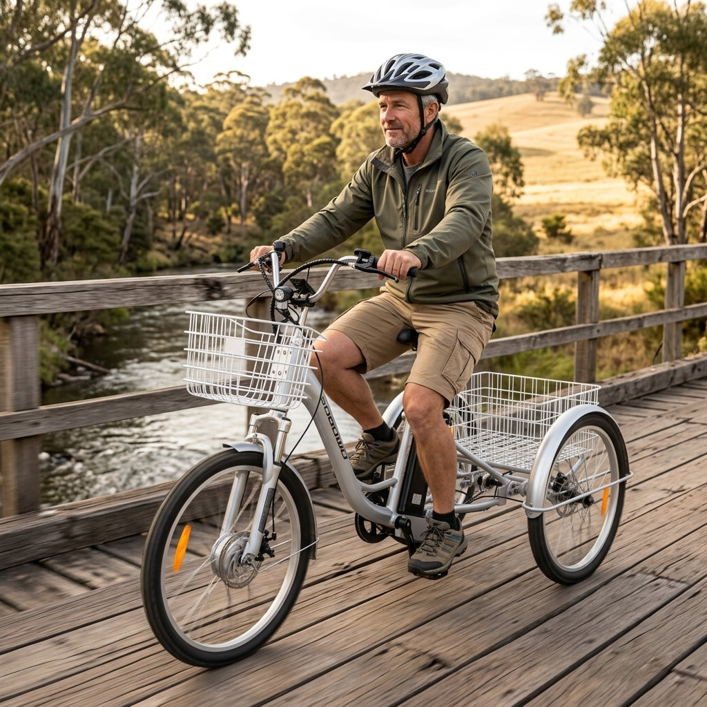 A man riding a silver adult tricycle on a wooden bridge. The tricycle features a large rear basket.