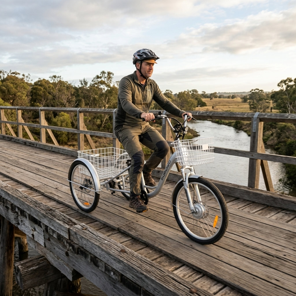 Man riding a silver adult tricycle on a bridge with a basket, perfect for seniors and disability mobility. The tricycle features a sturdy design for safe and comfortable riding.