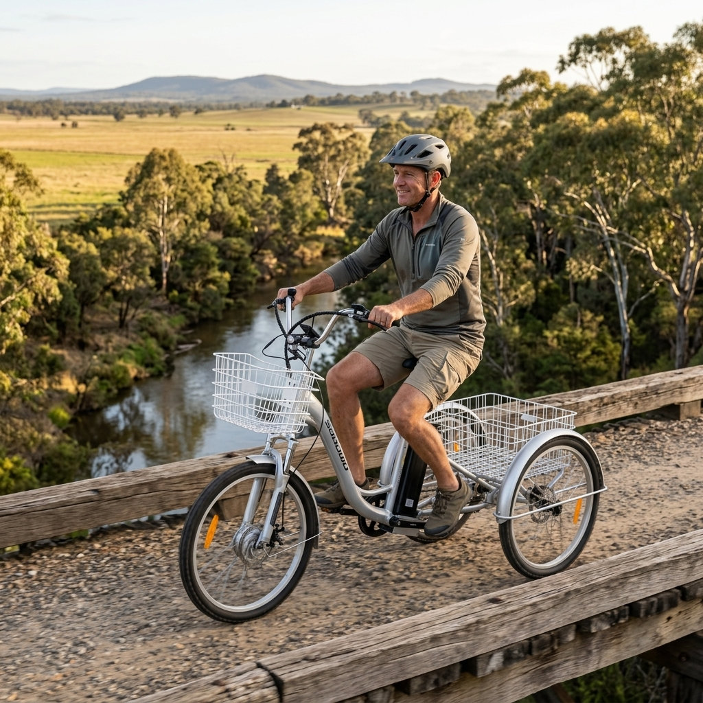 Man riding silver electric adult tricycle on bridge