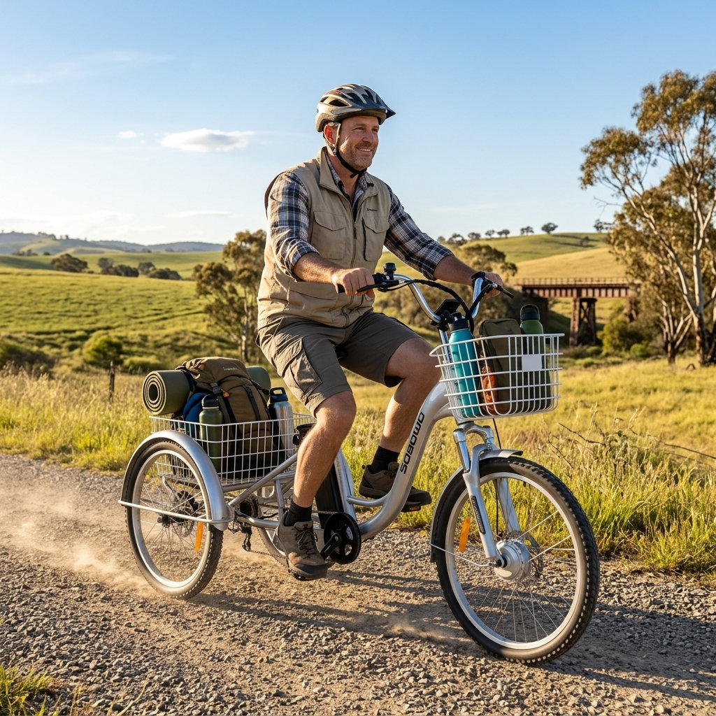 Man riding a silver adult tricycle with a cargo basket on a dirt road in a rural setting. The tricycle has a large rear basket carrying gear.