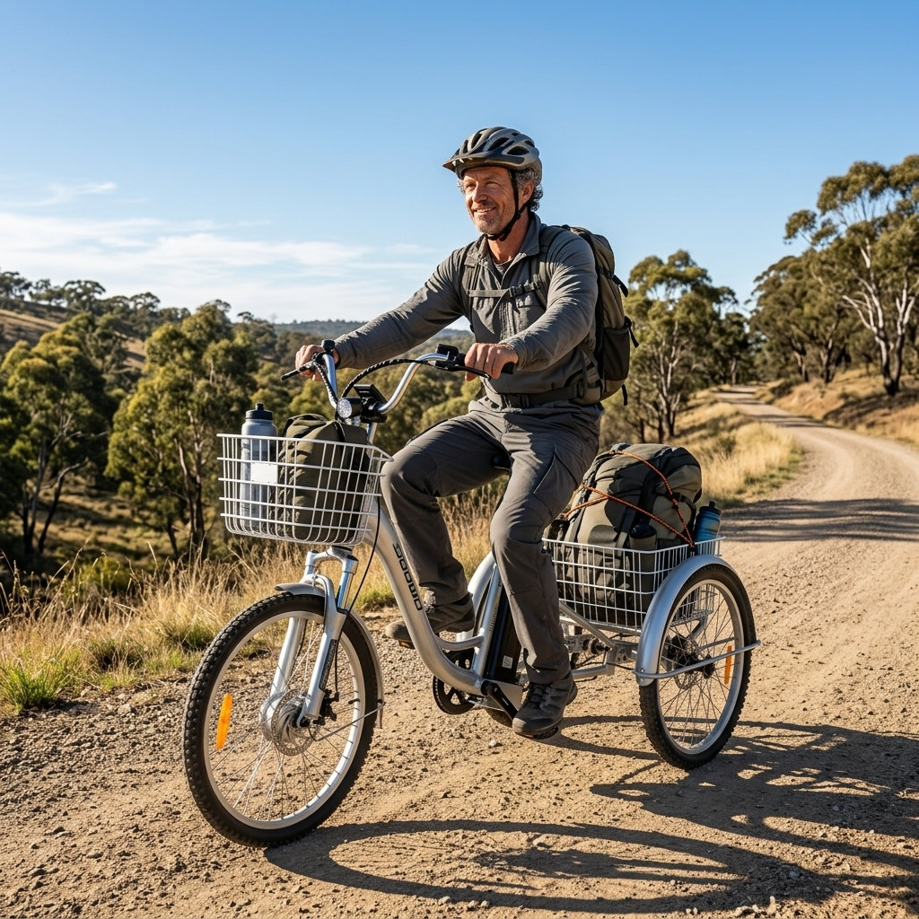 A senior riding an electric tricycle on a dirt road in Australia. The tricycle features a large rear cargo basket.