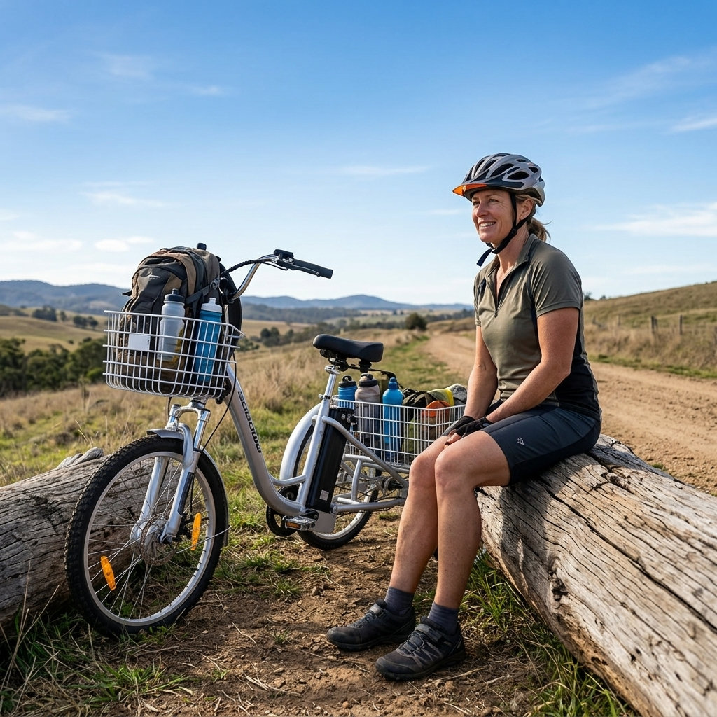 Senior woman sitting on a log beside an electric adult tricycle with baskets