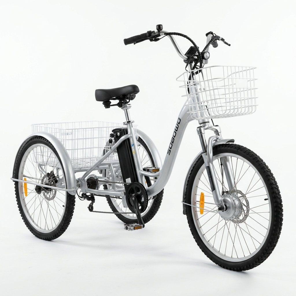 Electric tricycle for seniors and disability mobility, featuring a large front basket and silver frame.