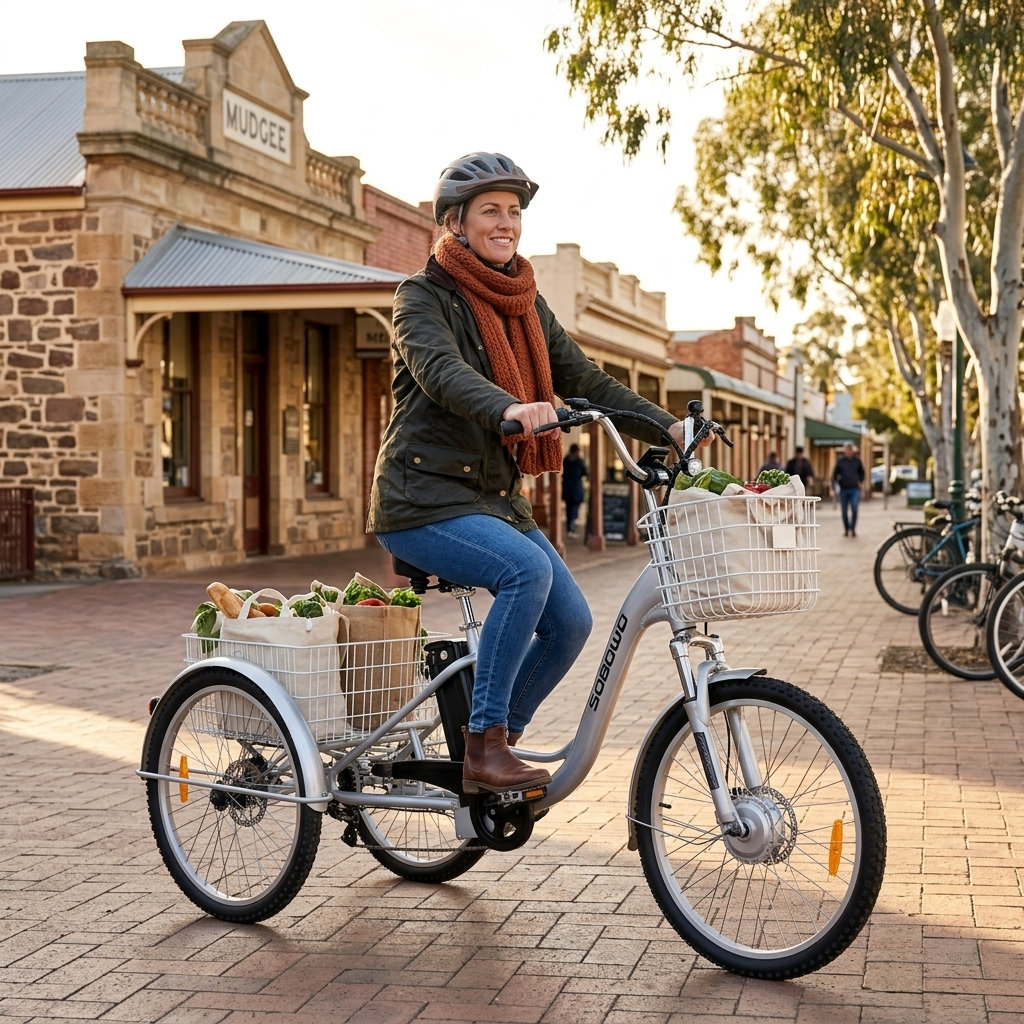 A senior woman riding a silver adult tricycle with white baskets on a brick road. The tricycle has a large basket for cargo.