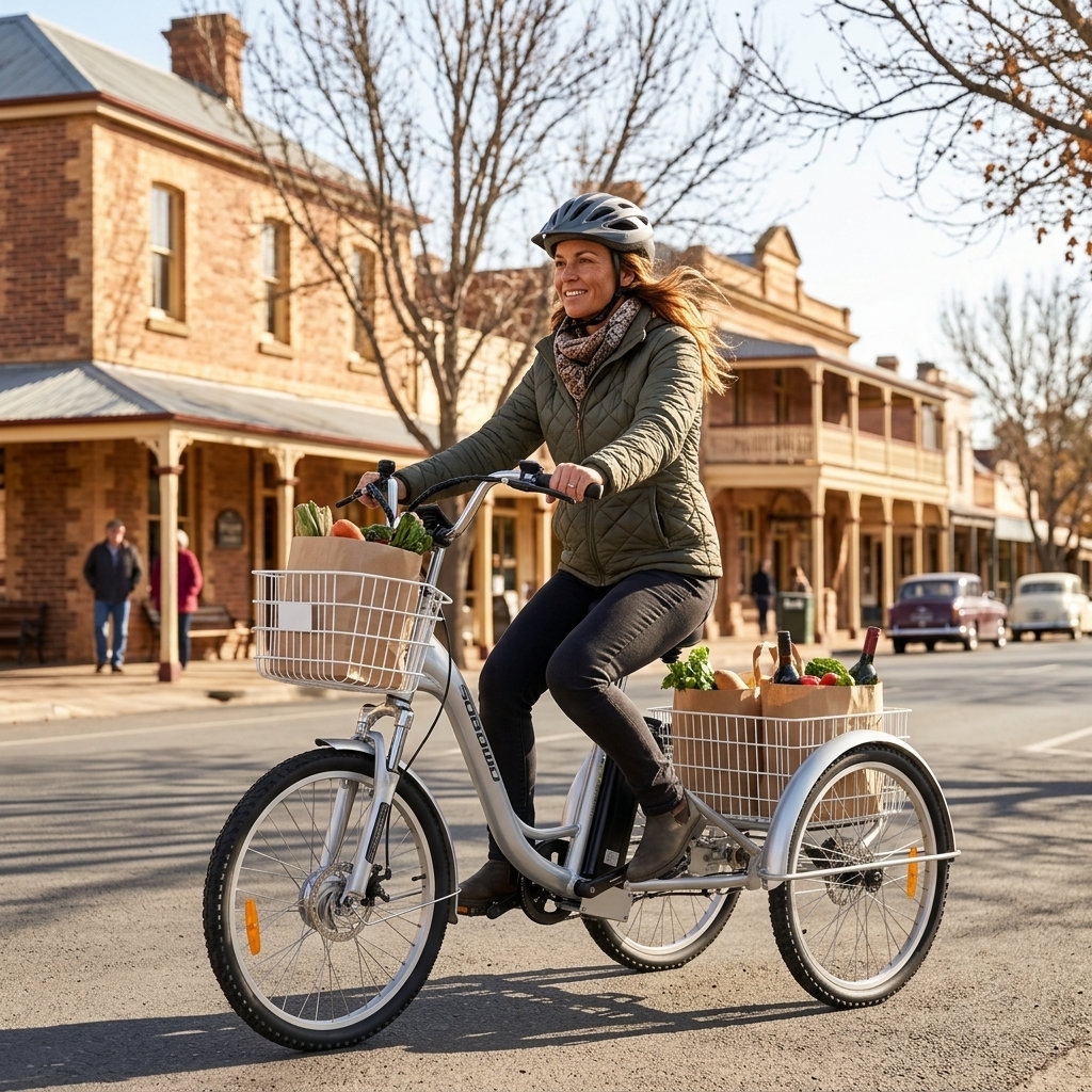 A senior woman riding a silver adult tricycle with a cargo basket on the back through a quiet Australian street.