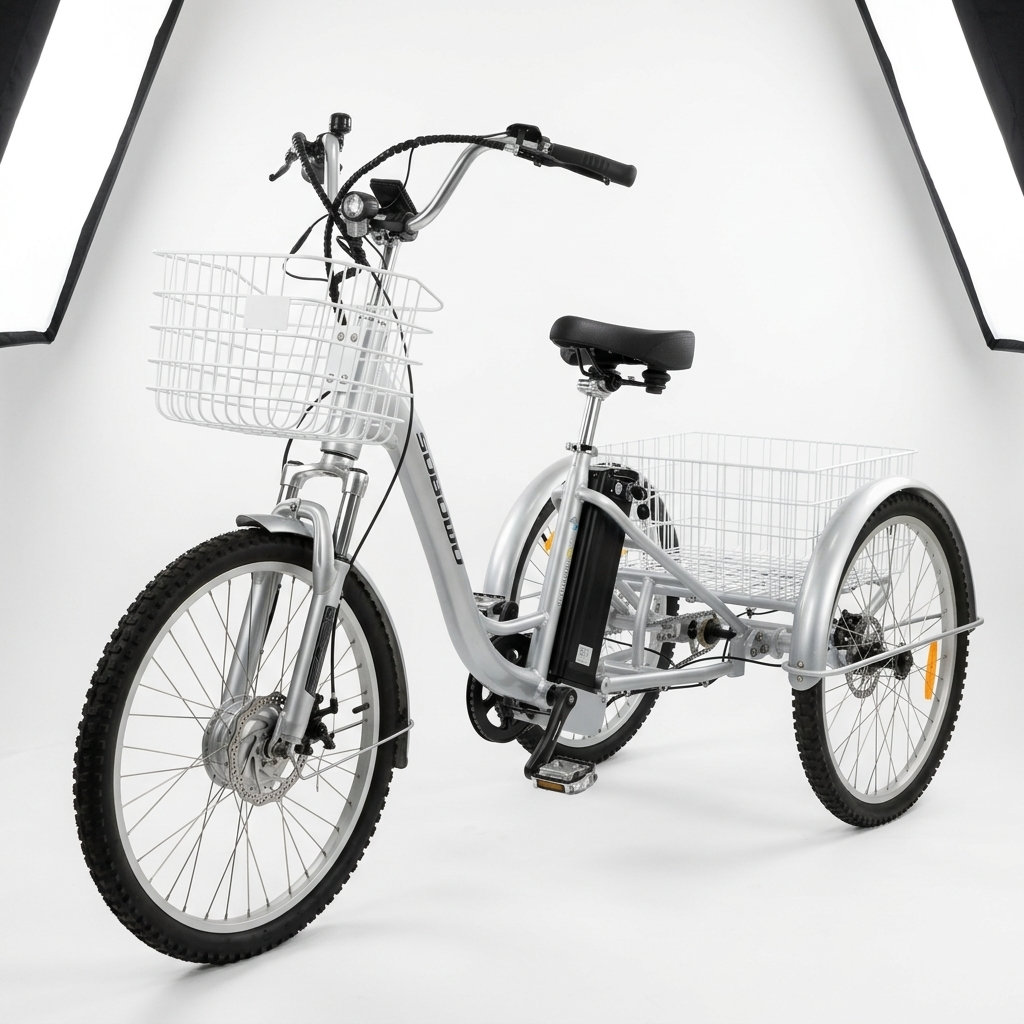 A silver adult tricycle with a large front basket and rear storage. Electric tricycle option available.