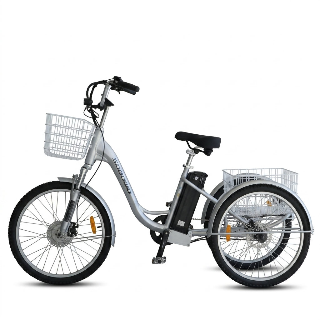 Adult electric tricycle with silver frame, black seat and handlebars, front and rear baskets, ideal for seniors and disability mobility. Electric trike for easy riding.