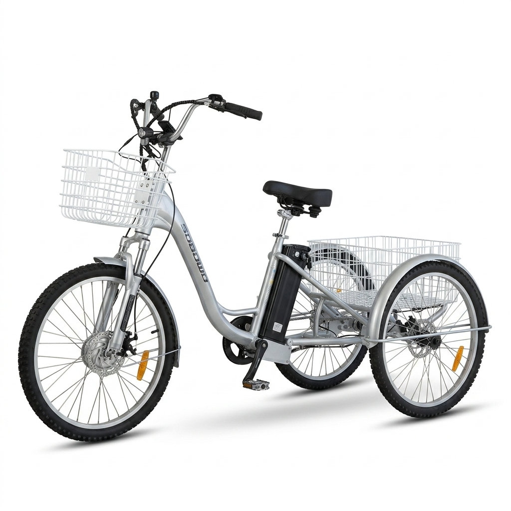 A silver electric adult tricycle with white baskets, ideal for seniors and disability mobility. Features a sturdy design and comfortable seating.