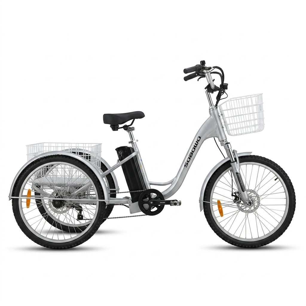 Adult electric tricycle with silver frame, white baskets, and black seat. Suitable for seniors and disability mobility.