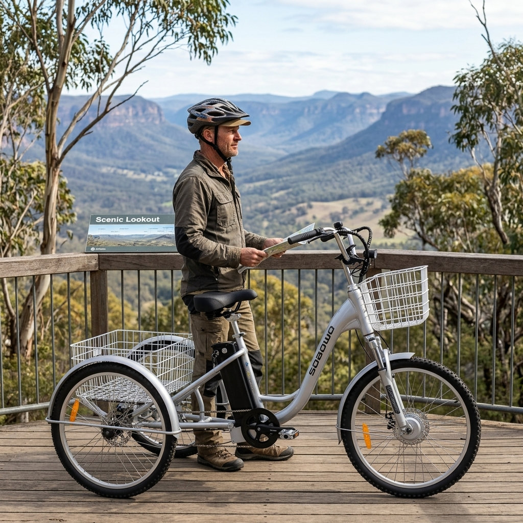 Man on silver adult tricycle with white baskets on decking. The tricycle features a sturdy design with a large basket for carrying items.