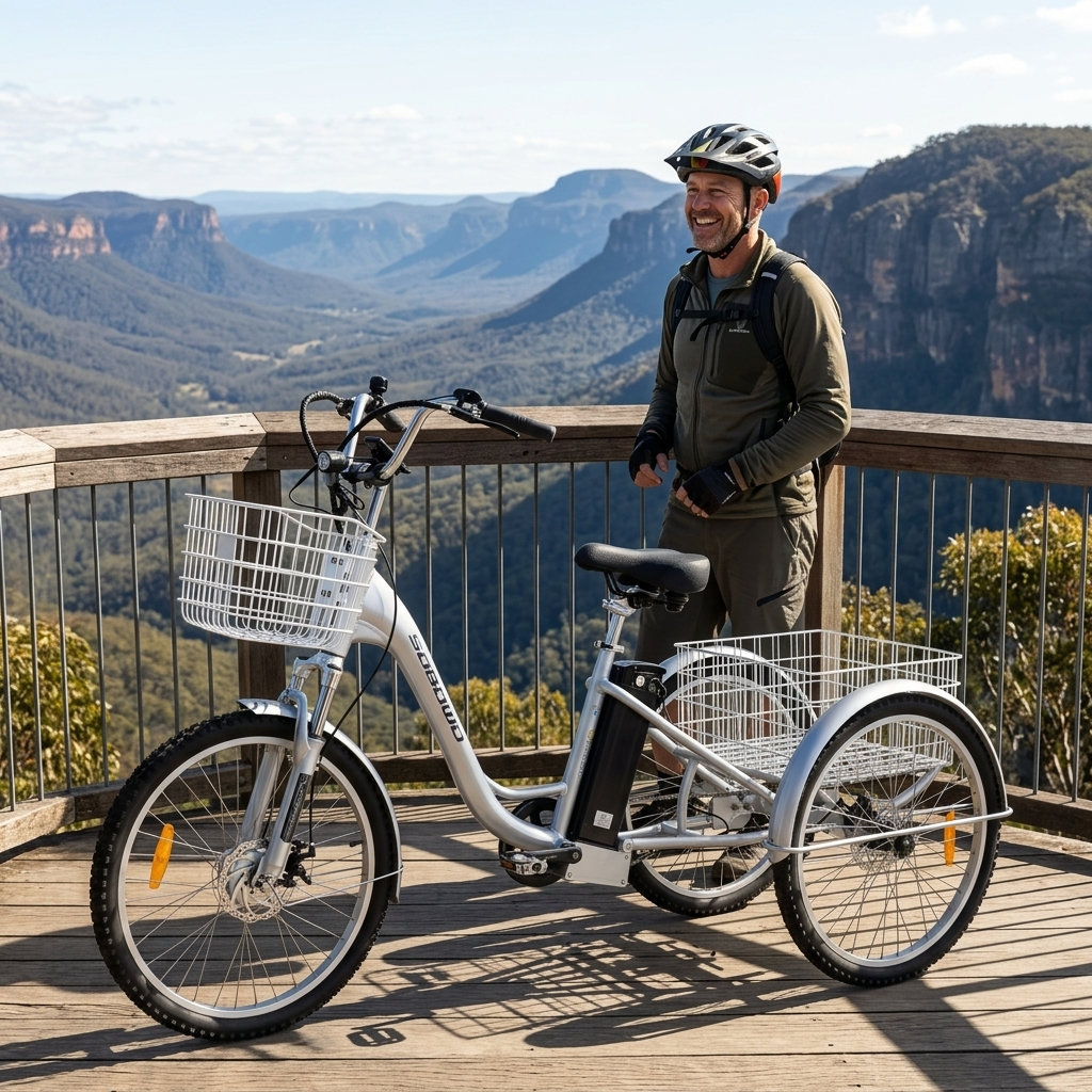 A silver adult electric tricycle with a white basket, perfect for seniors and disability mobility. Ideal for cargo and leisure rides.