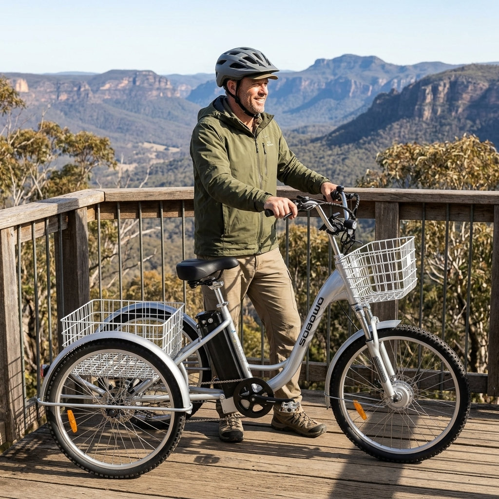 Silver Adult Tricycle with Basket on Wooden Deck Man on a silver adult tricycle with a white basket on a wooden deck overlooking mountains.