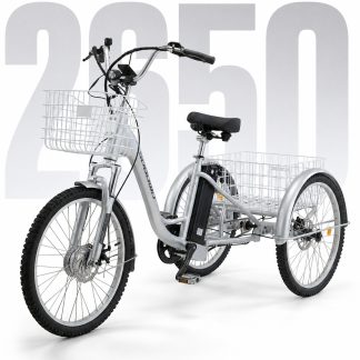 A silver hybrid adult tricycle featuring front and rear wire baskets for cargo. It includes a central battery pack, ergonomic handlebars, and cushioned seat for seniors and riders requiring stability.