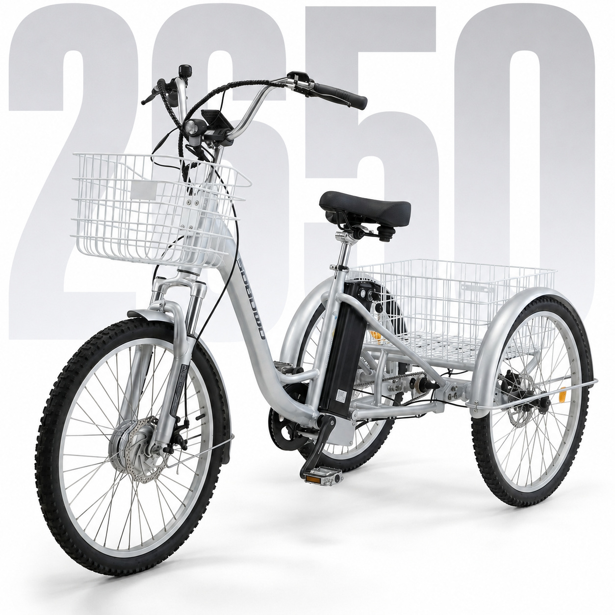A silver hybrid adult tricycle featuring front and rear wire baskets for cargo. It includes a central battery pack, ergonomic handlebars, and cushioned seat for seniors and riders requiring stability.