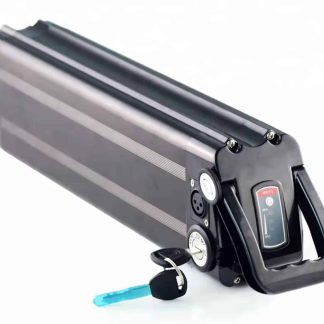 A black electric tricycle battery pack with a key. The battery features a digital display and buttons.