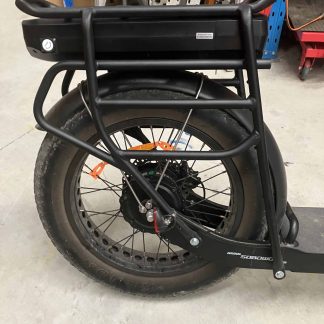 Rear view of a black electric adult tricycle with a large storage compartment and 20-inch wheel, suitable for seniors and disability mobility.