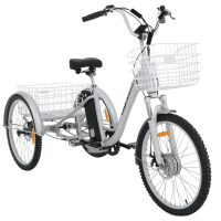 A silver adult electric tricycle with a large rear basket and a front basket, perfect for seniors and disability mobility.