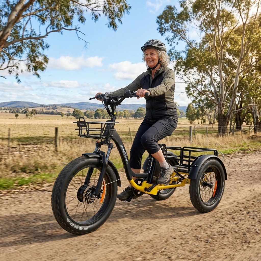 Senior woman enjoying a ride on her electric adult tricycle on a dirt road in a rural Australian setting.