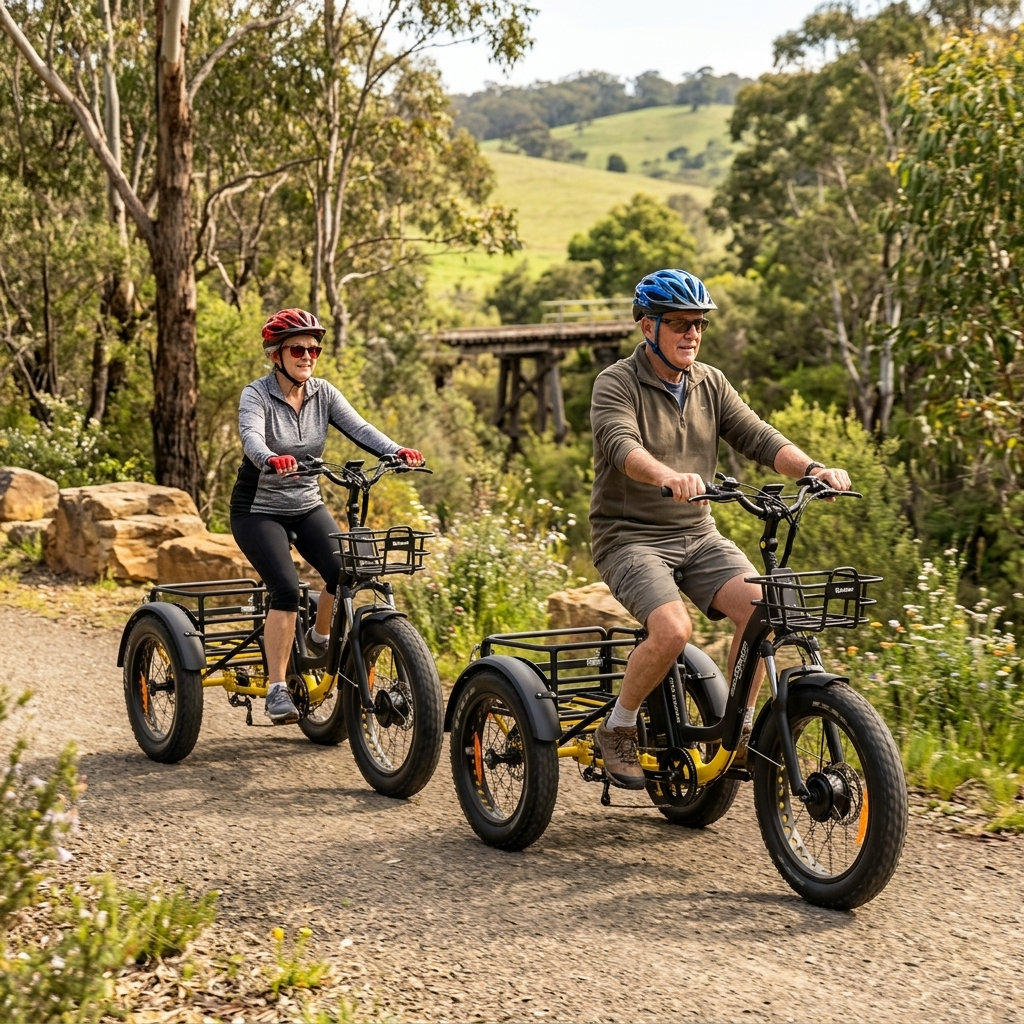 Man and woman riding electric tricycles on a dirt trail. The tricycles have large wheels and baskets.