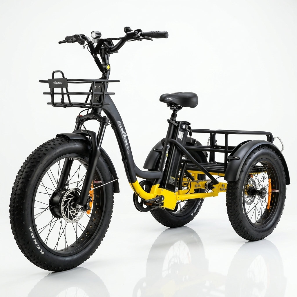 An electric tricycle with a sturdy black frame and vibrant yellow accents, designed for mobility and convenience. Suitable for adult riders seeking a reliable mode of transportation.