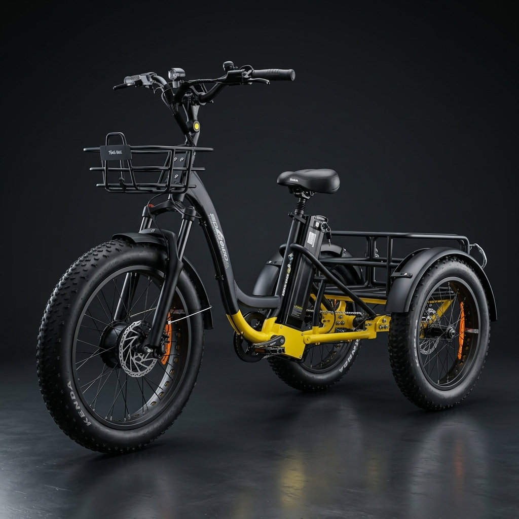A black and yellow fat tire electric trike with front basket and rear cargo rack. Suitable for cargo haulage and stable riding in Australia.