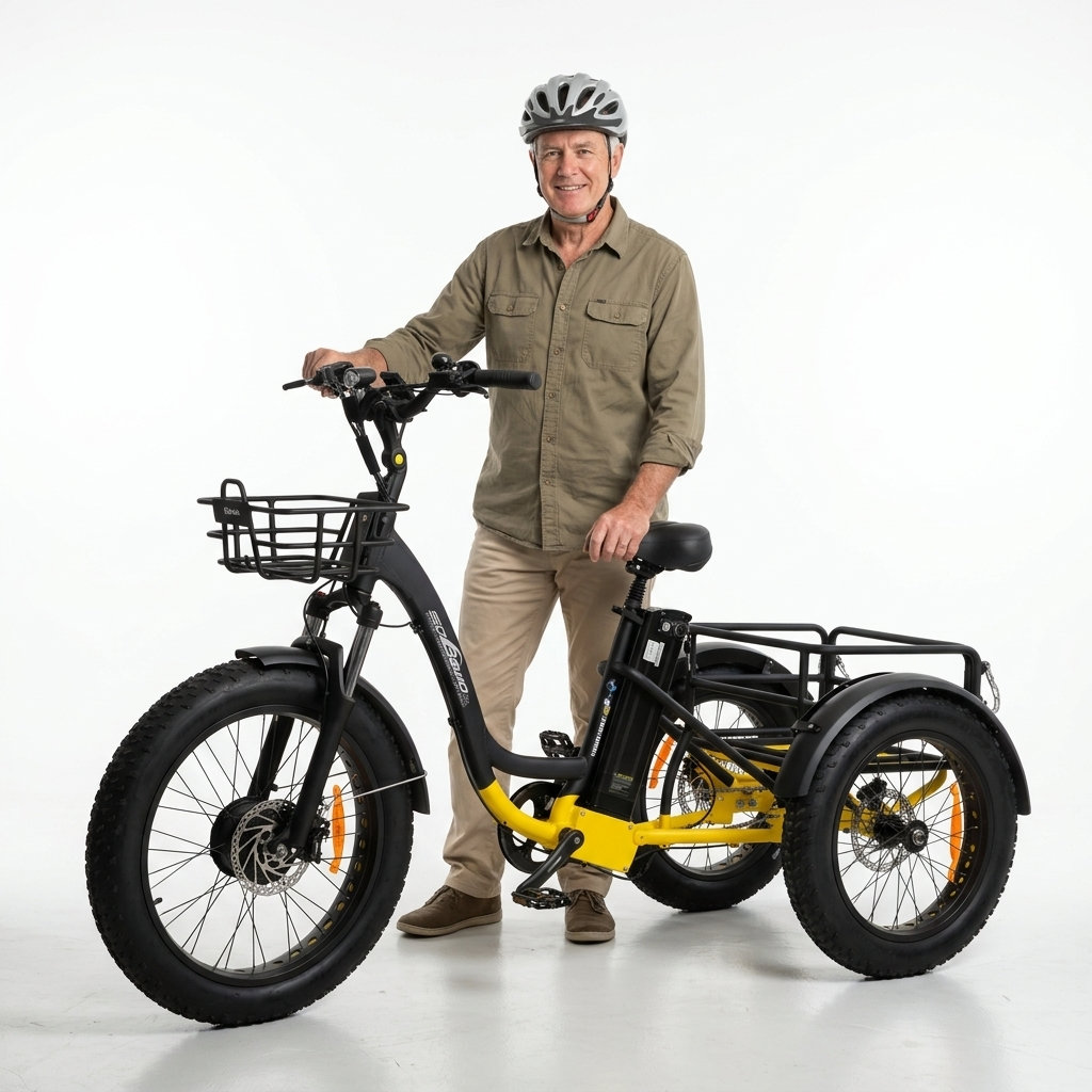 Man standing with black and yellow electric adult tricycle. The tricycle features a large rear cargo rack.