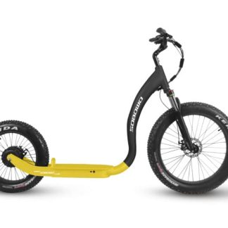 A sleek black and yellow electric tricycle designed for adults with a sturdy frame.