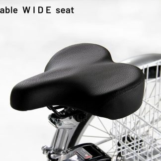 Close-up of a wide, comfortable seat on an adult tricycle. The seat is designed for comfort and support.