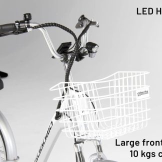 A tricycle with a large front basket, ideal for adults. The basket has a 10kg capacity.