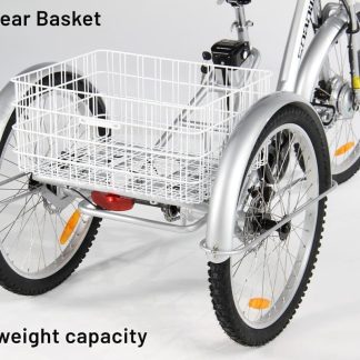 A silver adult tricycle with a large rear basket, suitable for seniors and disability mobility. 50kg weight capacity.