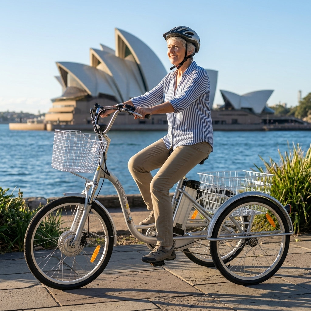 Senior riding a silver adult tricycle with a basket. The Sydney Opera House is in the background.