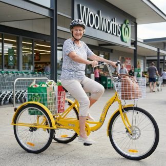 Adult tricycle with shopping baskets, ideal for seniors and grocery shopping in Australia. Electric and folding options available.