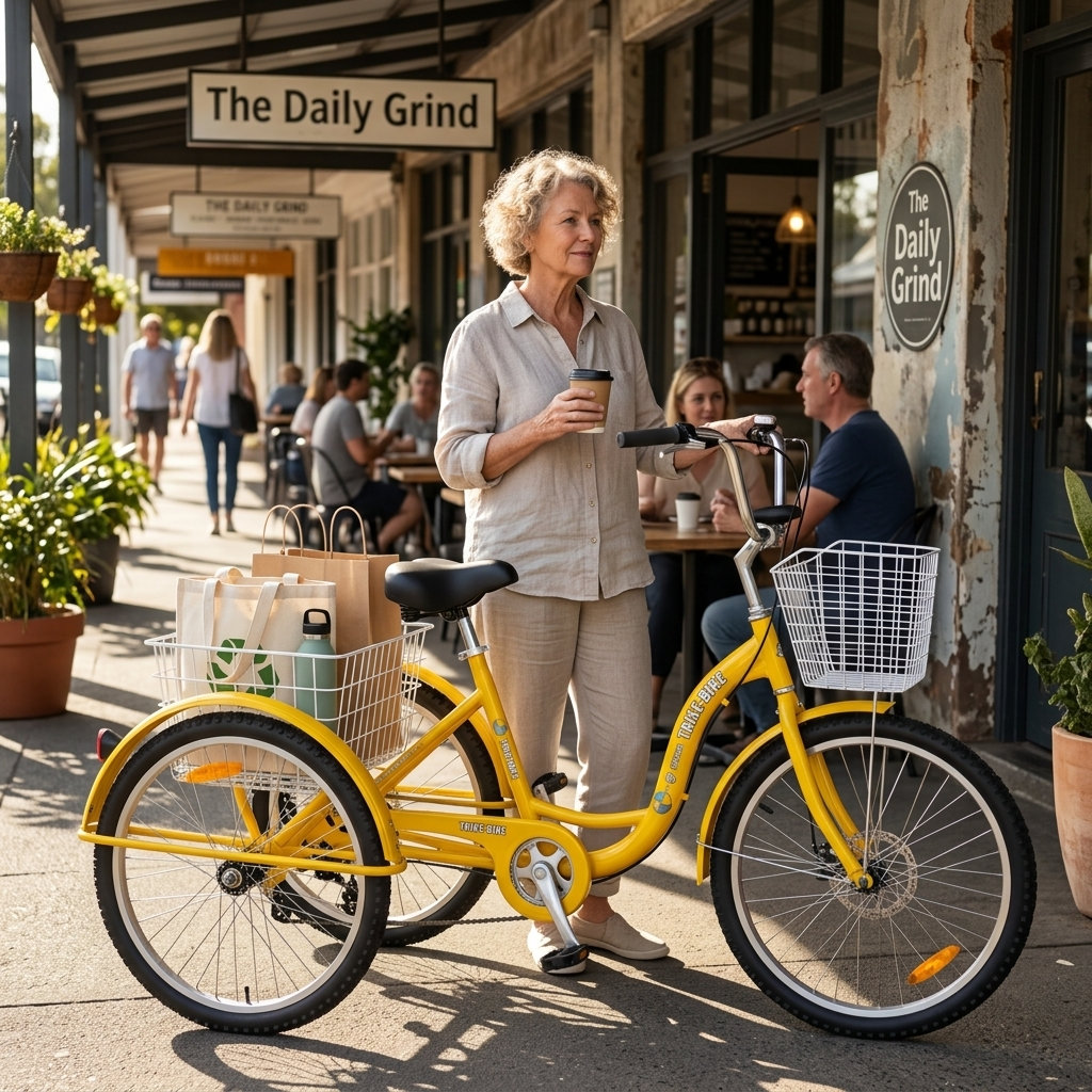 A senior woman with a yellow tricycle and a cargo basket, perfect for disability mobility and daily commutes. The tricycle features a sturdy design and comfortable seating.