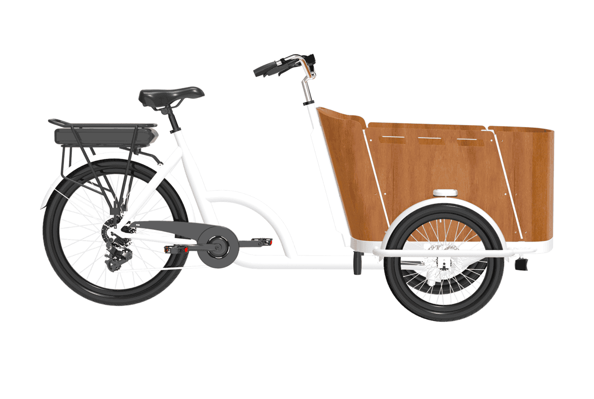 A white adult tricycle with a large brown wooden cargo box, perfect for carrying goods. Ideal for seniors and those with mobility needs.
