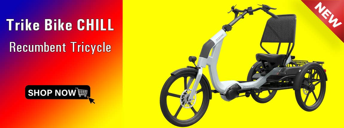 Adult recumbent tricycle for comfortable riding, White tricycle with black seat and wheels