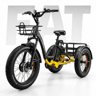 Adult electric tricycle with fat tires, front basket, and rear cargo rack. Modeled for seniors and mobility needs in Australia.