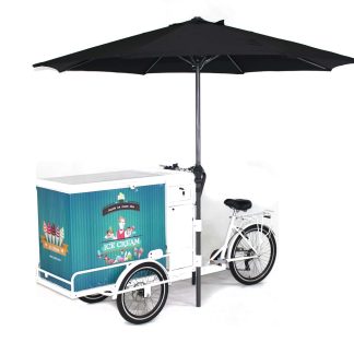 A blue and white cargo tricycle with a large black umbrella attached. Perfect for mobility and cargo transport.