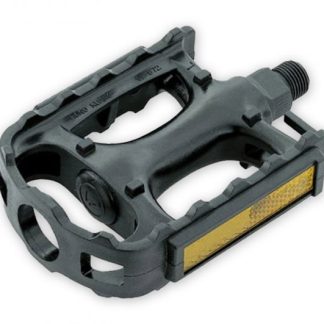 Close-up of a black pedal with a yellow reflective strip for increased visibility