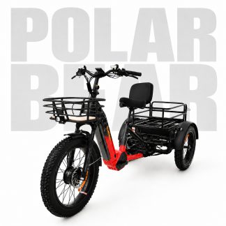 A red and black electric trike with a front basket and rear cargo area, designed for adult use in Australian environments.