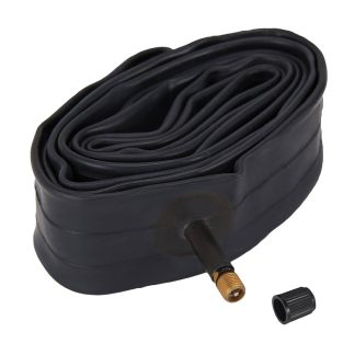 A black inner tube for tricycles with a valve and cap.