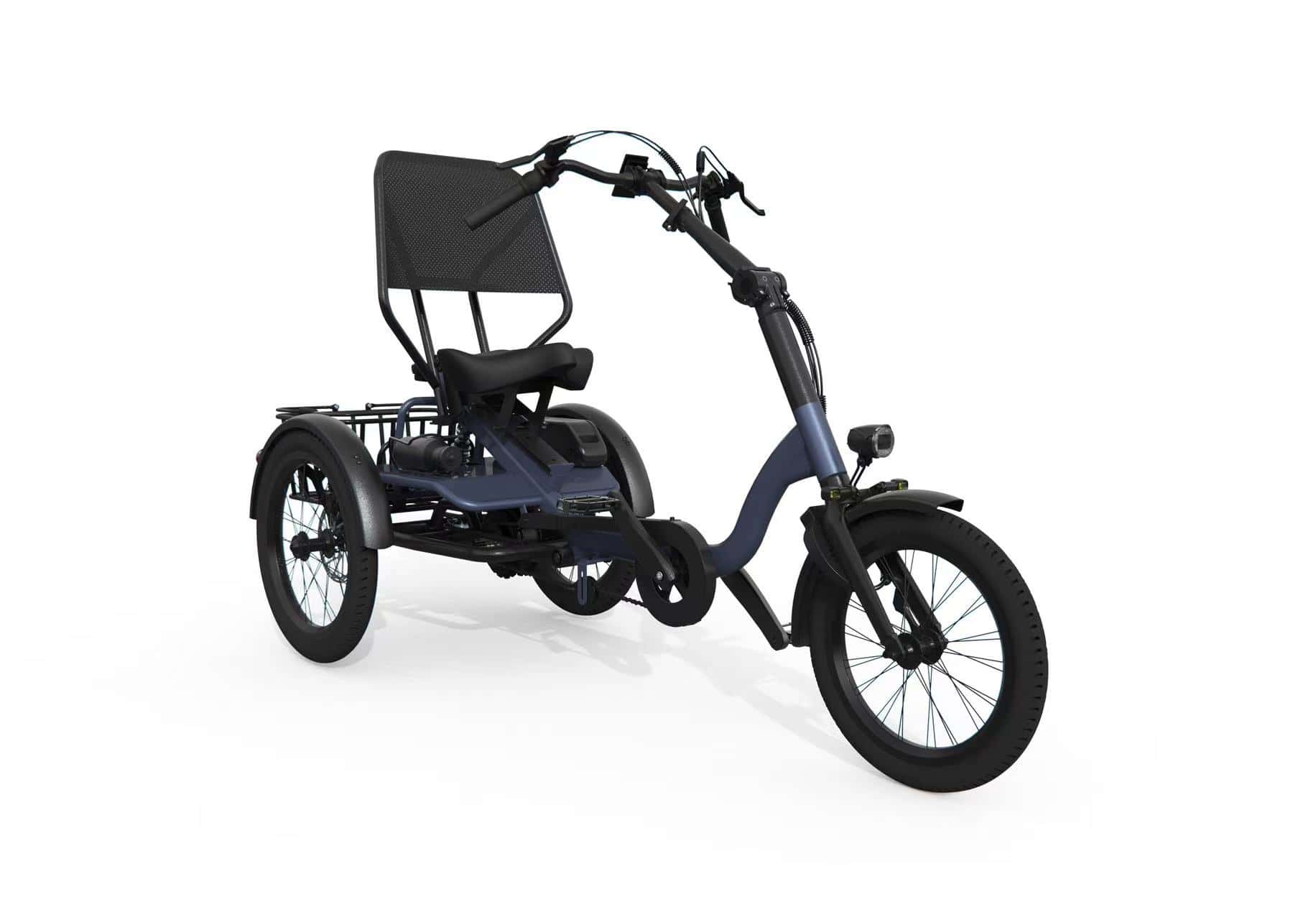 Blue Adult Tricycle with Black Seat and Wheels A blue adult tricycle with a black seat and wheels, suitable for seniors and those with mobility needs.