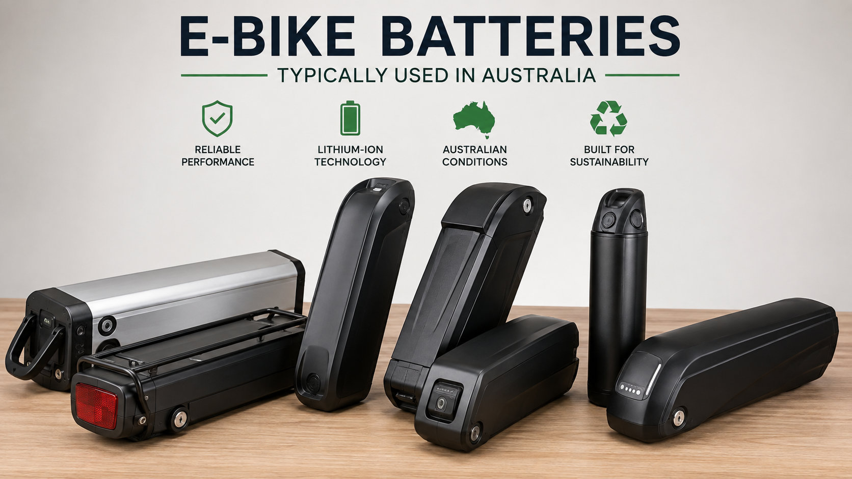 Range of lithium-ion e-bike batteries designed for Australian riders showcasing sustainable performance.